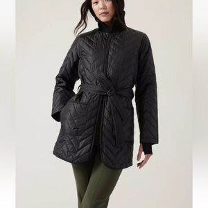 Athleta Mendocino Coat Black Quilted Puffer Jacket Belted Long Sleeve Sz L